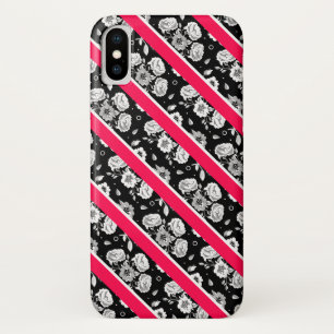 Cute pink black white flowers stripes Case-Mate iPhone case