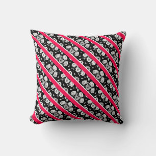 Cute pink black white flowers stripes cushion