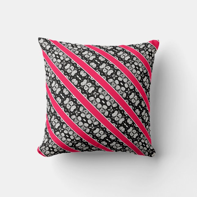 Cute pink black white flowers stripes cushion (Front)