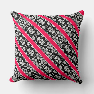 Cute pink black white flowers stripes cushion