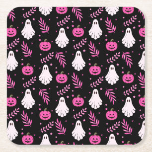 Cute Pink Black White Halloween Party Square Paper Coaster