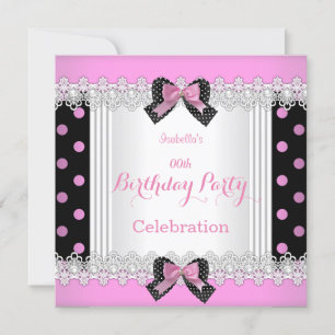 Cute Pink Black White Polka Dot Birthday Party Invitation