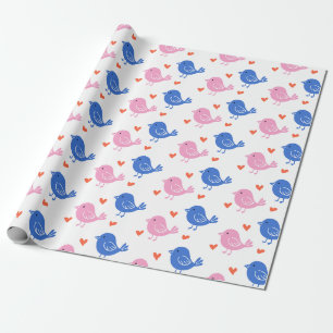 Cute Pink Blue Bird Heart Pattern Repeating Love  Wrapping Paper
