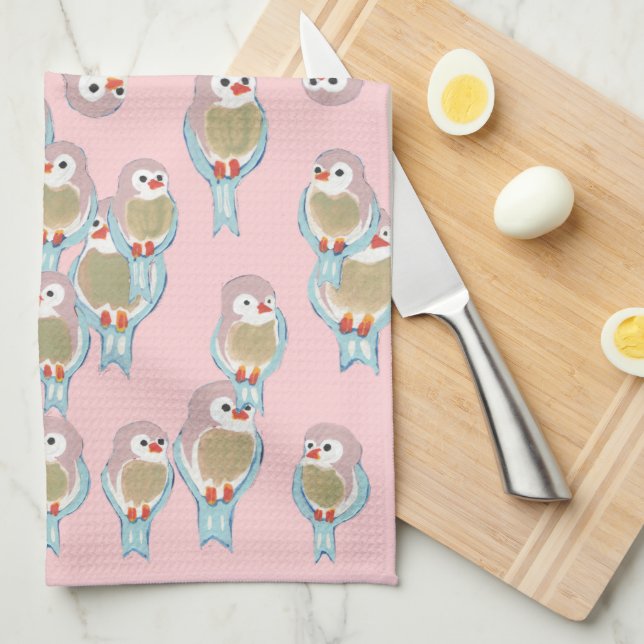 Cute Pink & Blue Bird Pattern Modern Abstract Tea Towel (Quarter Fold)