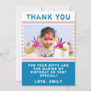 Cute Pink Blue Birthday Thank you Photo card