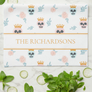 Cute Pink Blue Botanical Skull Pattern Halloween Tea Towel