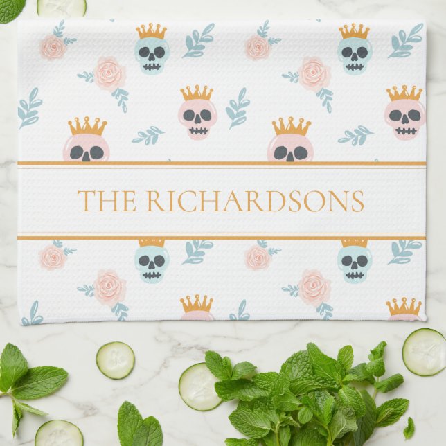 Cute Pink Blue Botanical Skull Pattern Halloween Tea Towel (Folded)