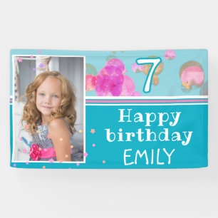 Cute Pink Blue Bubbles Girly Photo Birthday Party Banner