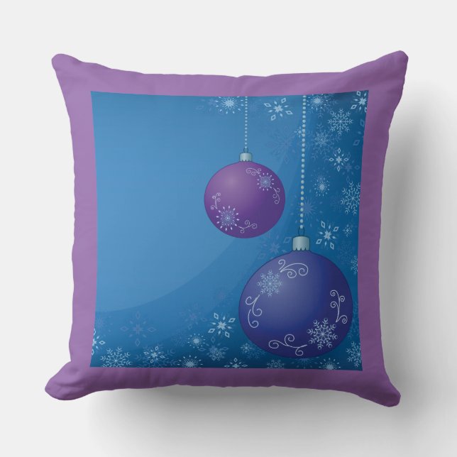 Cute Pink & Blue Christmas Ball and Snowflakes Cushion (Front)