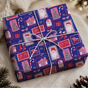 Cute Pink Blue Coquette Frames Christmas Pattern Wrapping Paper