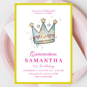 Cute Pink Blue Crown Princess First Birthday Invitation