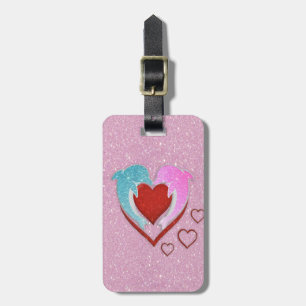 Cute pink blue dolphins holding a red heart luggage tag