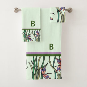 Cute Pink Blue Dragonflies and Green Leaves Bath Towel Set