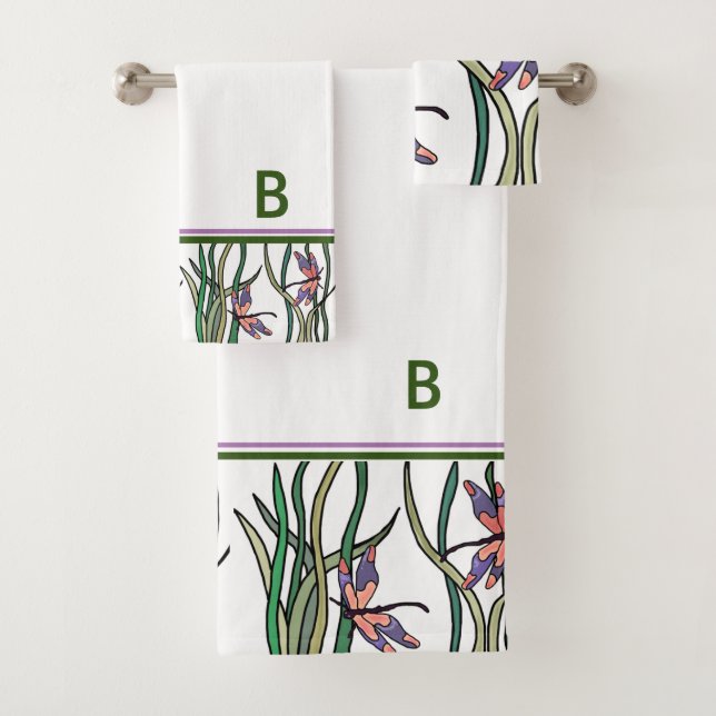 Cute Pink Blue Dragonflies and Green Leaves Bath Towel Set (Insitu)