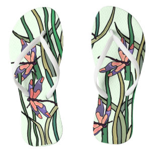 Cute Pink Blue Dragonflies and Green Leaves Jandals