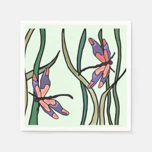 Cute Pink Blue Dragonflies and Green Leaves Napkin