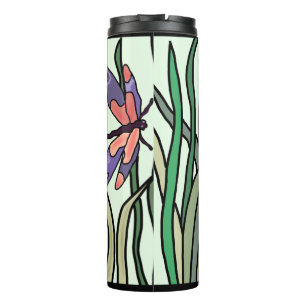 Cute Pink Blue Dragonflies and Green Leaves Thermal Tumbler