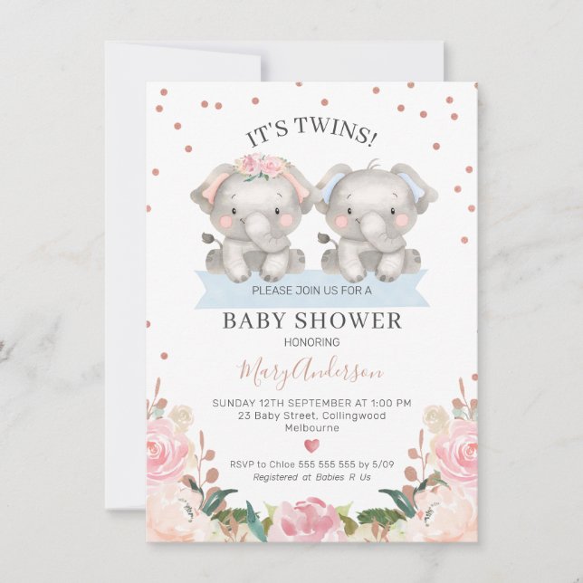 Cute Pink Blue Floral Twin Elephants Baby Shower Invitation (Front)
