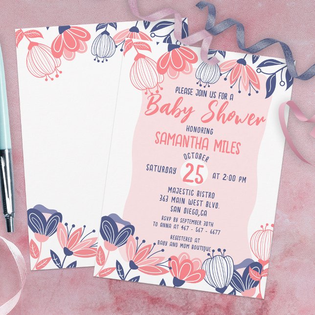 Cute Pink Blue Flowers Botanical Baby Shower Invitation (Creator Uploaded)