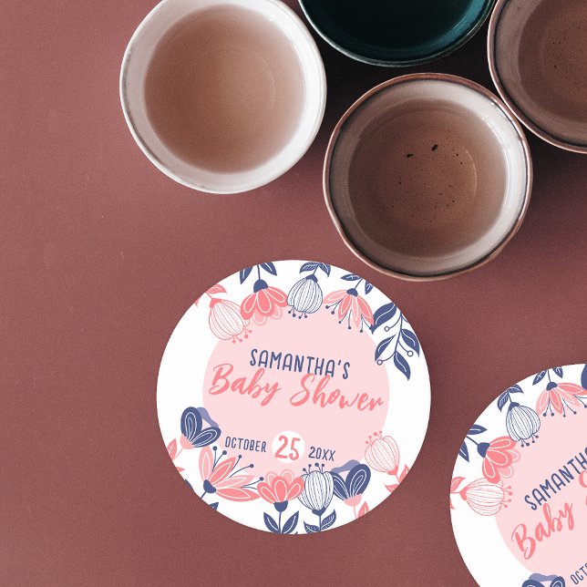 Cute Pink Blue Flowers Botanical Baby Shower Round Paper Coaster (Creator Uploaded)