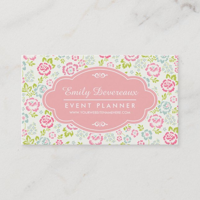 Cute Pink & Blue Girly Floral Personalised Business Card (Front)