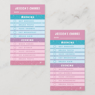 Cute Pink Blue Glitter Kids Daily Chores Business Card