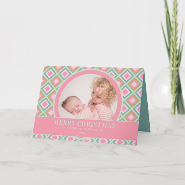Cute Pink Blue Green Christmas Grandparent Photo Holiday Card (Front)