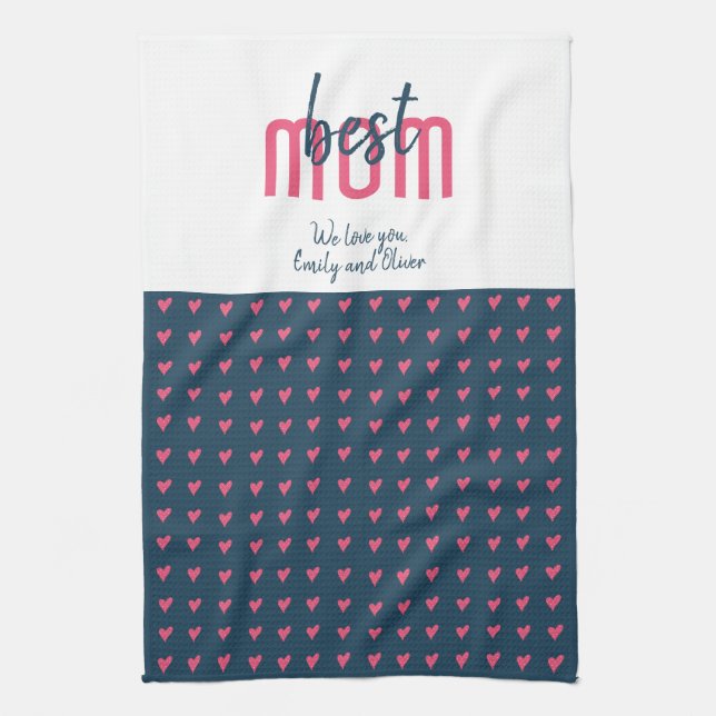 Cute Pink Blue Heart Best Mum Mother`s Day Tea Towel (Vertical)