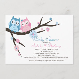 Cute Pink & Blue in Love Owl Couple Baby Shower Invitation