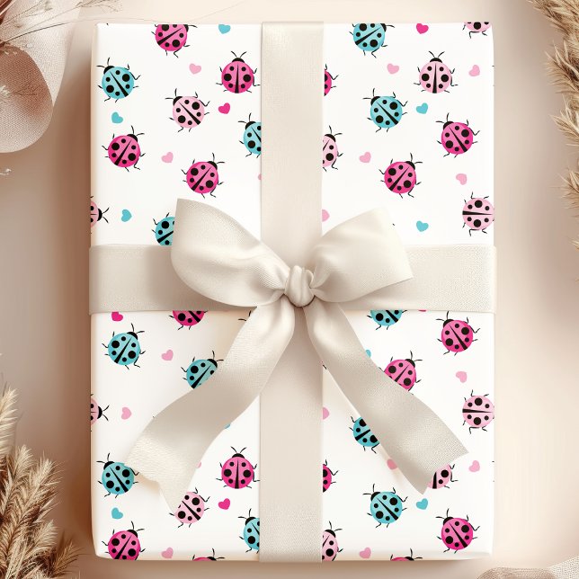 Cute Pink Blue Ladybug Hearts Pattern Wrapping Paper (Creator Uploaded)