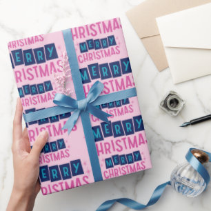 Cute Pink & Blue Merry Christmas Pattern Seamless Wrapping Paper