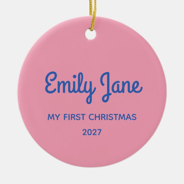 Cute Pink Blue Personalised Photo First Christmas Ceramic Tree Decoration (Front)