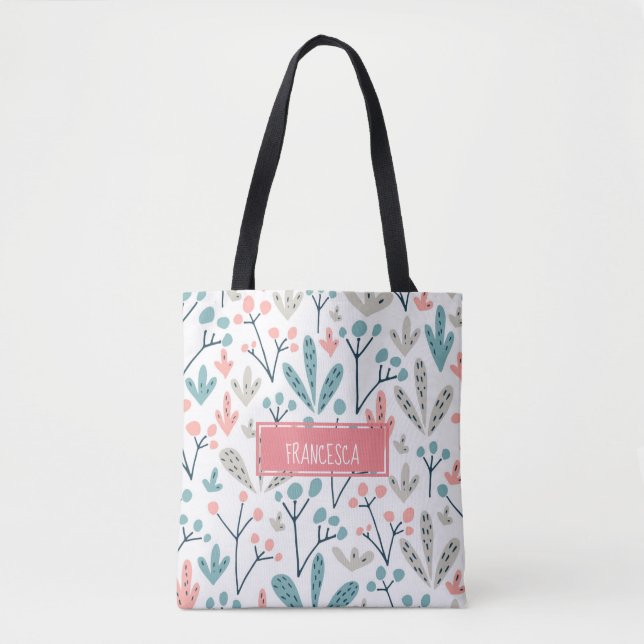 Cute Pink Blue Scandinavian Plants Pattern Tote Bag (Front)
