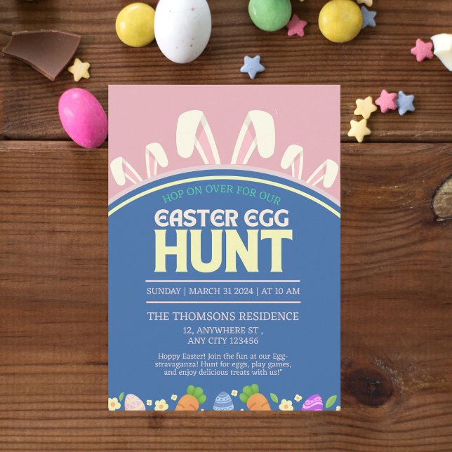 Cute Pink Blue Spring Bunny Easter Egg Hunt Invitation (Creator Uploaded)
