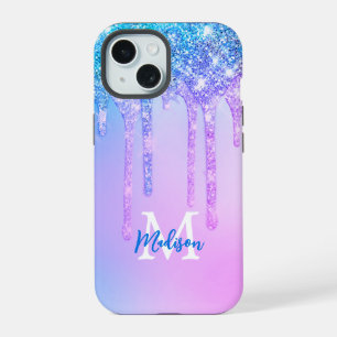 Cute pink blue Unicorn Glitter Drips monogram iPhone 15 Case