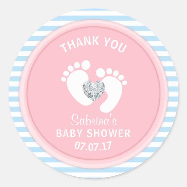 Cute Pink Blue White Baby Shower Gender Reveal Classic Round Sticker (Front)