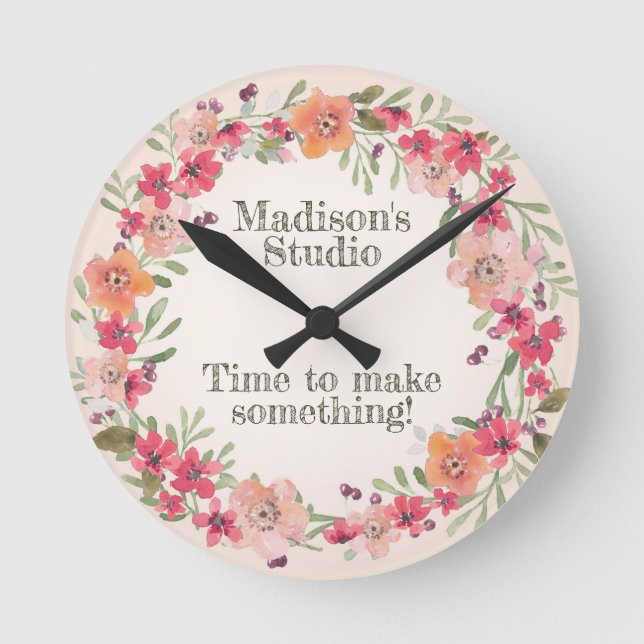Cute Pink, Blush and Peach Floral Name and Saying Round Clock (Front)