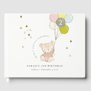 Cute Pink Blush Bear Balloon Any Age Birthday Guest Book