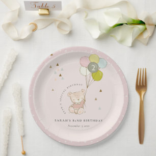 Cute Pink Blush Bear Balloon Any Age Birthday Paper Plate
