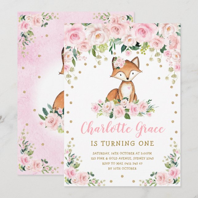 Cute Pink Blush Floral Woodland Fox Girls Birthday Invitation (Front/Back)