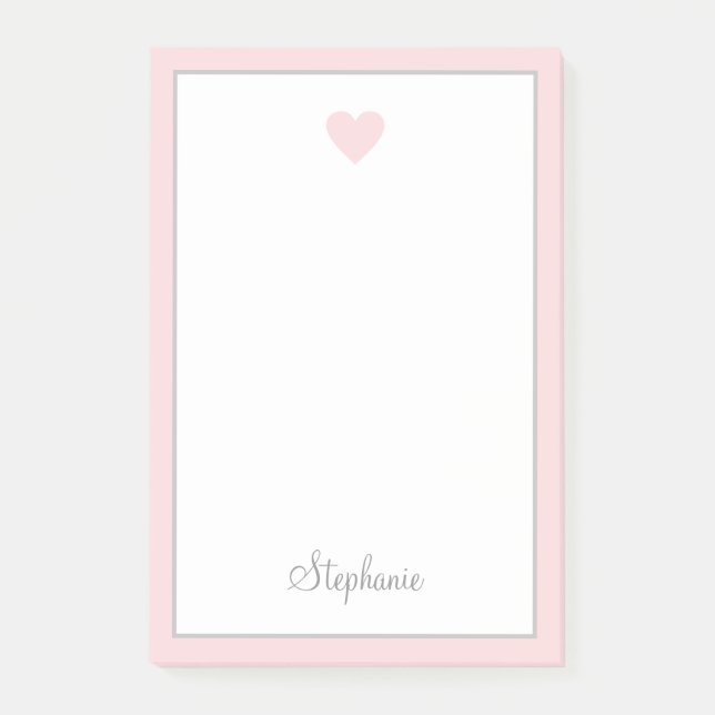 Cute Pink Blush Heart and Border Modern Script Post-it Notes (Front)