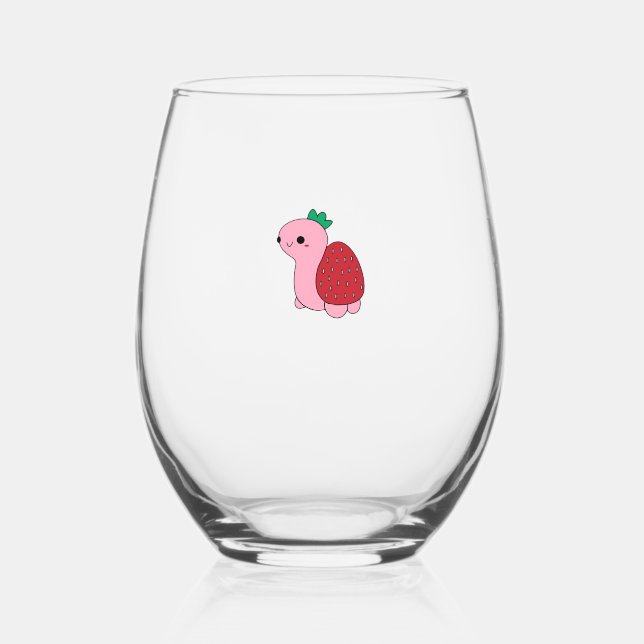 Cute pink blushing strawberry turtle Classic T-Shi Stemless Wine Glass (Front)