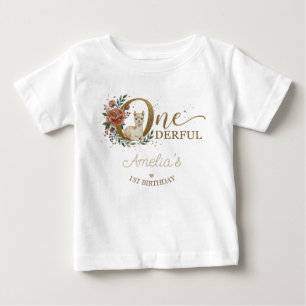 Cute Pink Boho Alpaca 1st Birthday Baby T-Shirt