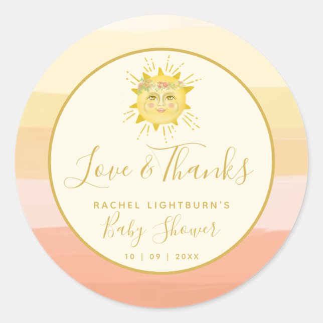 Cute Pink Boho Rainbow Ray of Sunshine Baby Shower Classic Round Sticker (Front)