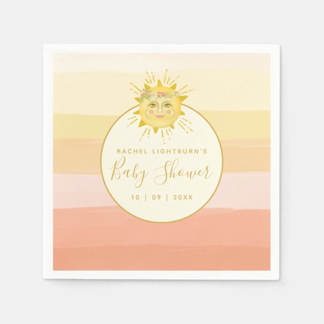 Cute Pink Boho Rainbow Ray of Sunshine Baby Shower Napkin (Front)