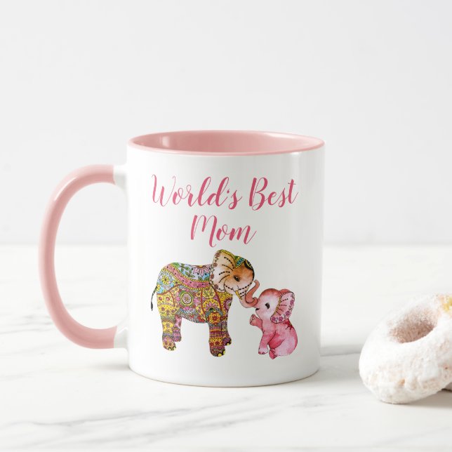 Cute Pink Boho Watercolor Elephant Mother's Day Mug (With Donut)