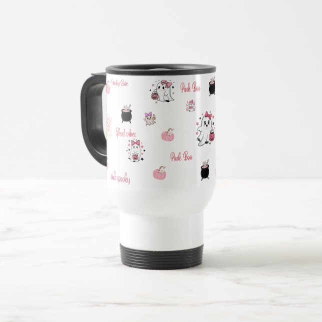 Cute Pink Boo Ghost Travel Mug | (Front Left)