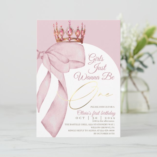 Cute Pink Bow 1st Birthday  Invitation (Standing Front)