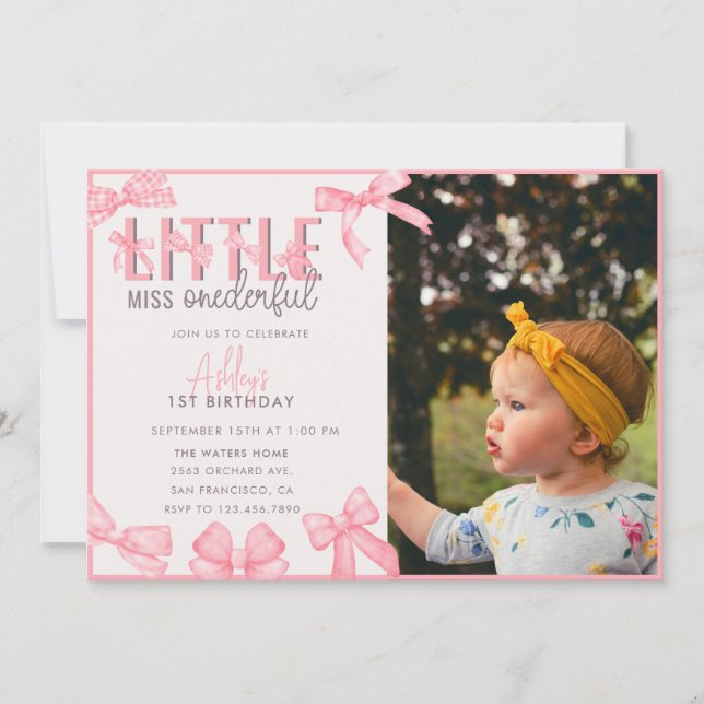 Cute Pink Bow 1st Girl's Birthday Invitation (Front)