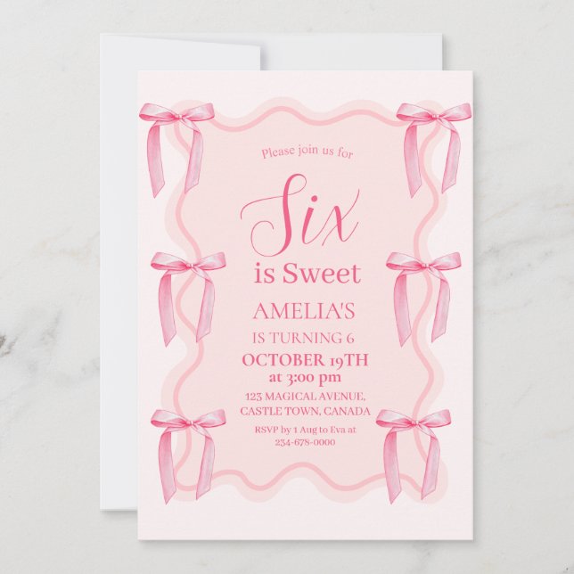 Cute Pink Bow 6th Birthday  Invitation (Front)